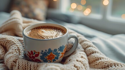 Sticker - Cozy Winter Morning with Vintage Coffee Cup and Warm Blanket