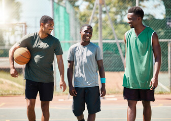 Wall Mural - Black men, team building or bonding on basketball court in fitness break, workout or training in competition, game or match. Smile, happy or talking ball players, friends or community sports athletes