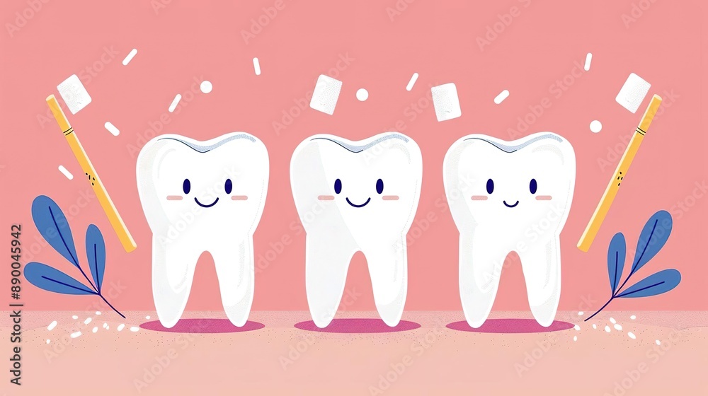 Cute cartoon teeth with toothbrushes and dental floss on a pink ...