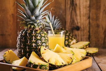 Wall Mural - a whole ripe pineapple and several pineapple slices