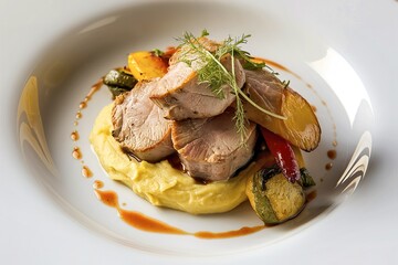 potato puree, accompanied by vibrant baked vegetables with pork medallions