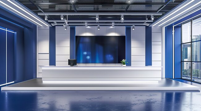 3D rendering of a virtual TV studio news set with a blue and white color theme