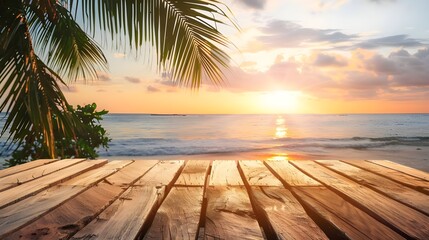 exhibition platform for products on an empty wooden table. tropical summer sunset backdrop for a beach bar.