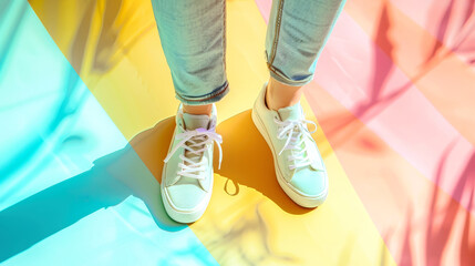 Wall Mural - Close-up of a person standing on a skateboard, showcasing female legs in light jeans and bright sneakers on a minimalistic pastel background. Sportswear concept