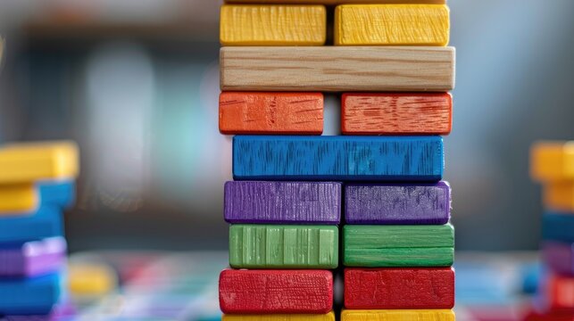 Jenga tower with colorful blocks, adding a playful twist to the classic game