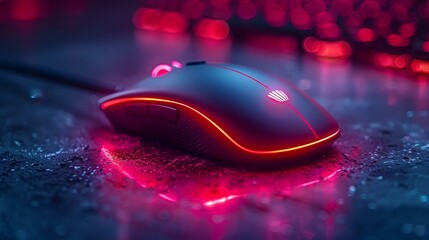 A red and black computer mouse with glowing lights.