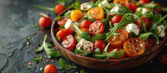 Wall Mural - Fresh Tomato, Feta and Arugula Salad in Wooden Bowl