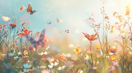 Wall Mural - Close-up view of a lush wildflower field with beautiful butterflies fluttering and soft golden light in the blurry background