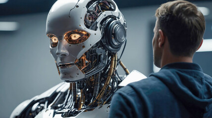 Poster - An advanced humanoid robot working on a laptop beside a concerned programmer