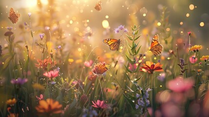 Sticker - Intimate view of a lush wildflower field with butterflies fluttering around and warm golden light on a blurred background