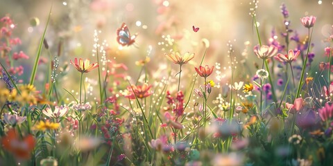 Wall Mural - Close-up view of diverse wildflowers growing and blooming in a meadow with warm and subtle golden sunlight on a blurred background