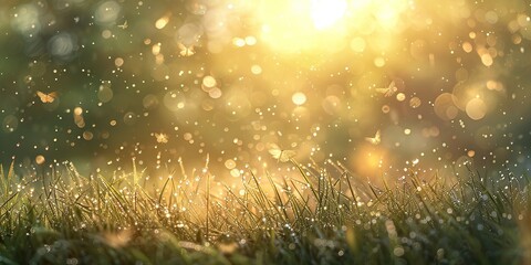 Wall Mural - Close-up view of a grassy meadow adorned with butterflies fluttering around and warm, soft golden light on a blurred background.