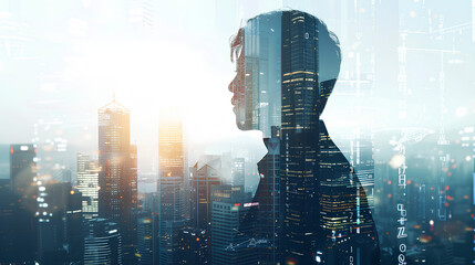 double exposure image of business person on modern city background. future business and communicatio