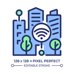 Wall Mural - Smart city pixel perfect RGB color icon. Iot infrastructure system, connectivity. Urban architecture. Modern skyscrapers. Isolated vector illustration. Simple filled line drawing. Editable stroke