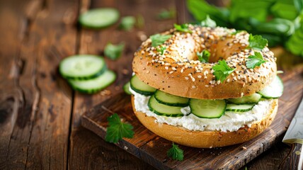 Wall Mural - Everything bagel with cream cheese, cucumber, and parsley on wooden board