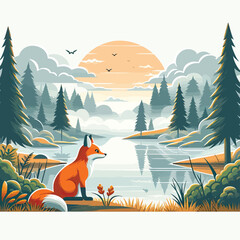 Canvas Print - A fox by the lake Adobe Illustrator Artwork