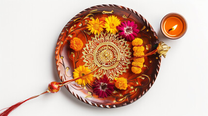 Poster - Puja plate with Rakhi and diya, on white background