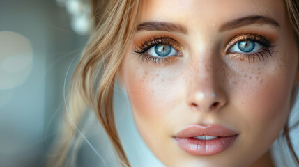 Closeup of elegant young bride, wearing alluring makeup.