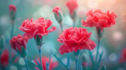 Wall Mural - Close-up of vibrant red carnations against a soft bokeh background, capturing the beauty and delicacy of the flowers.