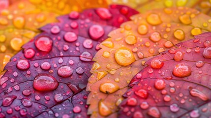 Wall Mural - Close-up of colorful autumn leaves covered in dew drops, highlighting the vibrant colors and natural details.