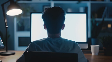 Poster - Over shoulder shot of a young man using computer laptop in front of an blank white computer screen in home