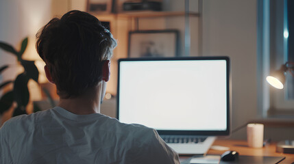 Poster - Over shoulder shot of a young man using computer laptop in front of an blank white computer screen in home