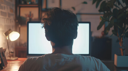 Poster - Over shoulder shot of a young man using computer laptop in front of an blank white computer screen in home