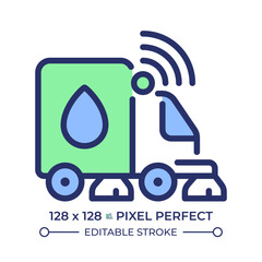 Sticker - Street sweeper pixel perfect RGB color icon. Public health, vacuum truck. Cleaning transport. Sensor technology, automation. Isolated vector illustration. Simple filled line drawing. Editable stroke