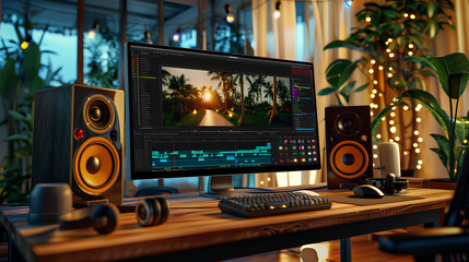 Poster - Video editing software or program opened on a wide pc computer monitor screen display placed along the keyboard and speakers on a wooden table or desk in a home room or office interior, evening time