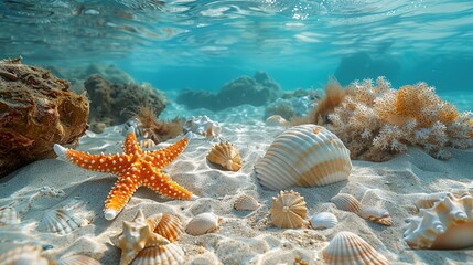 Wall Mural - Coastal Delight: Underwater Scene with Colorful Shells, Starfish, and Coral