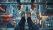 © klss777 - Three pairs of feet on a glass elevator gaze down at a vibrant, bustling city below.