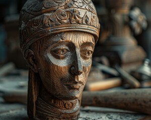 Canvas Print - A close up of a wooden head with an ornate crown. AI.