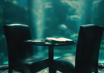 Poster - A table and chairs in a room with fish tanks. AI.