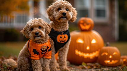 Wall Mural - Two dogs wearing halloween costumes sitting on the ground in front of pumpkins. AI.