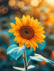 Wall Mural - A close up of a sunflower with leaves and sunlight in the background. AI.