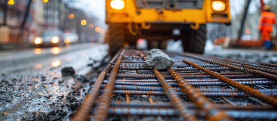 Wall Mural - Close-Up of Construction Site with Rebar and Heavy Machinery in Urban Setting at Dusk