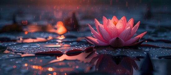 Sticker - Pink Water Lily in Rain at Sunset