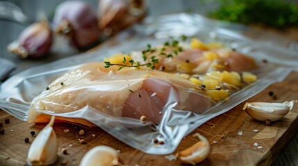 Wall Mural - A chicken fillet being prepared for sous vide, sealed in a vacuum bag with garlic and thyme