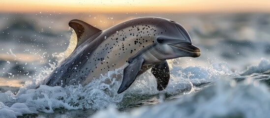 Sticker - Dolphin Leaping Through the Waves at Sunset