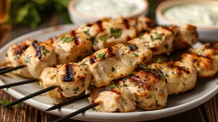 Wall Mural - A plate of chicken fillet skewers grilled to perfection, served with a side of tzatziki sauce