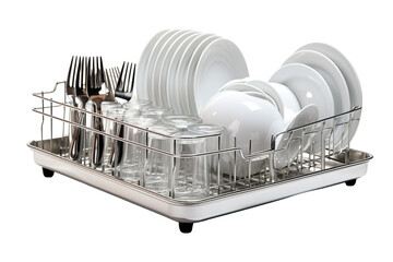 Gleaming Dishes and Glasses Await in a Silver Dish Drying Rack on a Clear PNG or White Background.