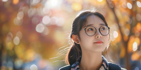 Wall Mural - beautiful thoughtful asian schoolgirl on the street