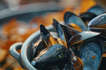 Wall Mural - close up of tasty mussels in the plate with copy space