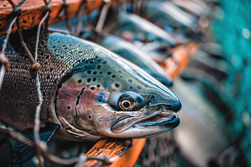 close up of salmon fish on the salmon fish farm with copy space