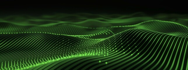 Poster - 3D render of curved green glowing lines on a black background, with dark and light gradients, in a modern abstract design. The style is simple, sleek, elegant and minimalistic.