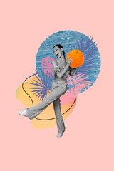 Sticker - Composite collage image of funny female enjoy summer vacation dancing party hold orange fruit fantasy billboard comics zine minimal