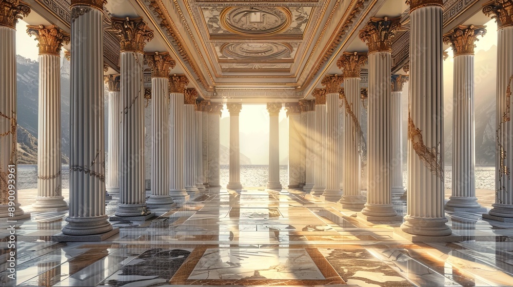 Roman Column Interior Corridor with Roman columns and bright light antique Greek or Roman ...