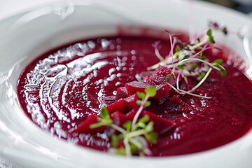 Wall Mural - Beet soap served in a white bowl in restaurant