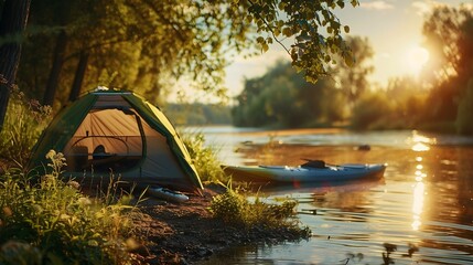a tranquil camping scene with a kayak on the river, a tent set up on the bank, and the sun setting i