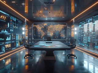Poster - Futuristic Virtual Meeting Room with Floating Holographic Charts and Data for Technology Networking and Digital Communication in Business